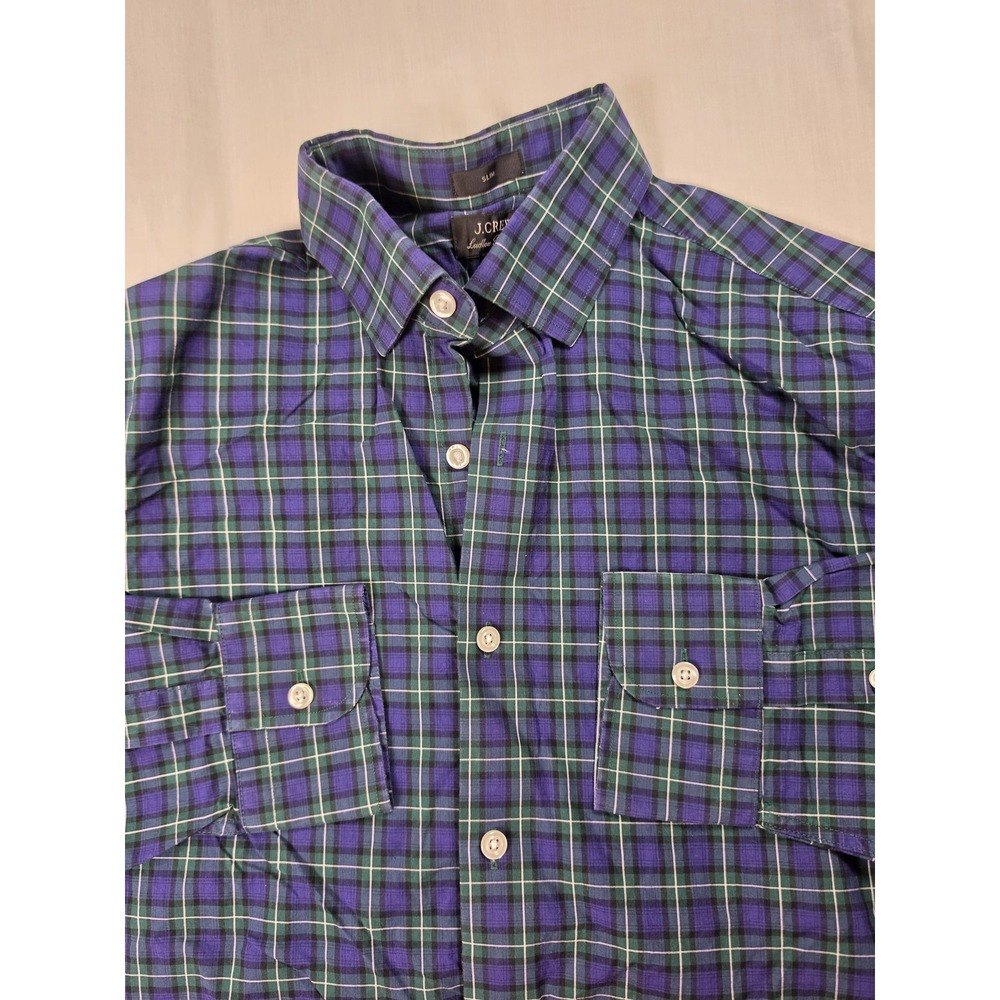 J.Crew Ludlow Premium Shirt Mens 15 32 Medium Slim Blue Plaid Cotton Button Up